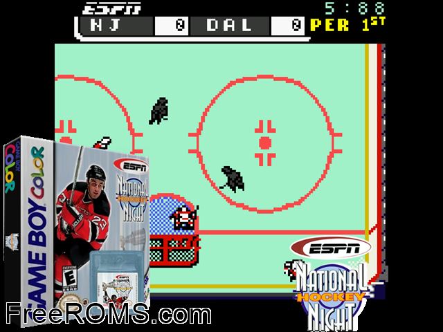Espn National Hockey Night Gameboy Color game showing 3D box cover and gameplay screenshot