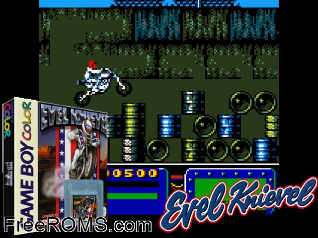 Evel Knievel Gameboy Color game showing 3D box cover and gameplay screenshot
