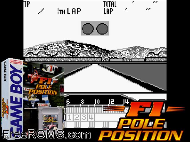 F-1 Pole Position Gameboy Color game showing 3D box cover and gameplay screenshot