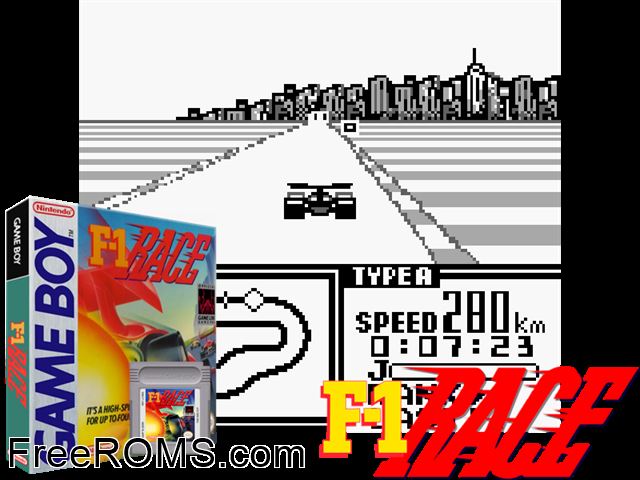 F-1 Race (V1.1) Gameboy Color game showing 3D box cover and gameplay screenshot