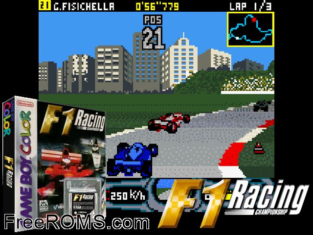 F-1 Racing Championship Gameboy Color game showing 3D box cover and gameplay screenshot
