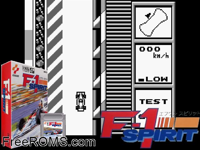 F-1 Spirit (Japan) Gameboy Color game showing 3D box cover and gameplay screenshot