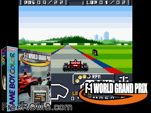 F-1 World Grand Prix Gameboy Color game showing 3D box cover and gameplay screenshot