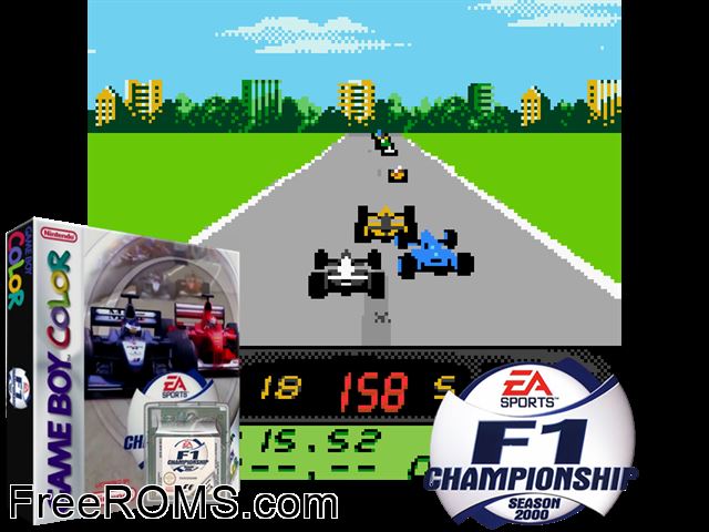 F1 Championship Season 2000 Gameboy Color game showing 3D box cover and gameplay screenshot