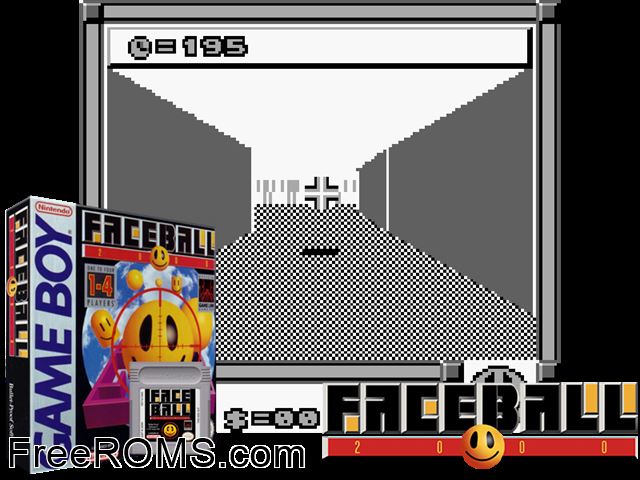 Faceball 2000 Gameboy Color game showing 3D box cover and gameplay screenshot