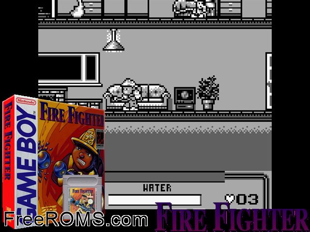 Fire Fighter Gameboy Color game showing 3D box cover and gameplay screenshot