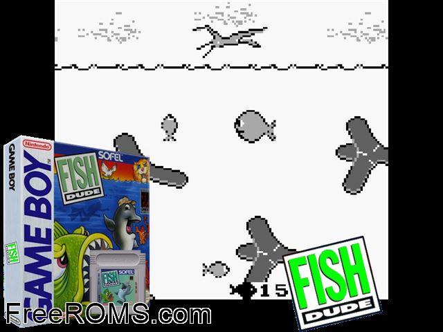 Fish Dude Gameboy Color game showing 3D box cover and gameplay screenshot