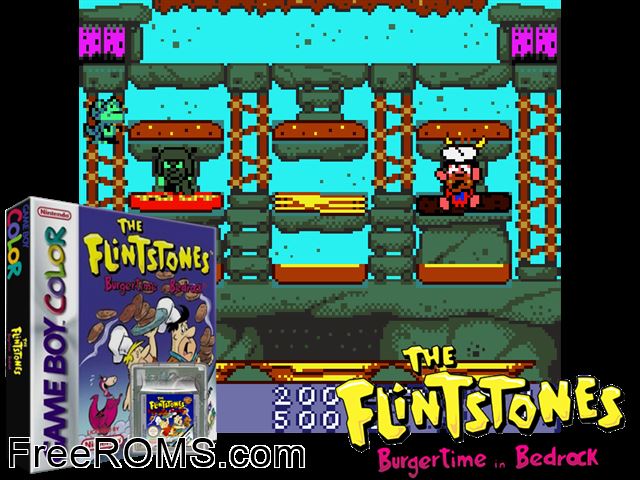 Flintstones, The - Burgertime In Bedrock Gameboy Color game showing 3D box cover and gameplay screenshot