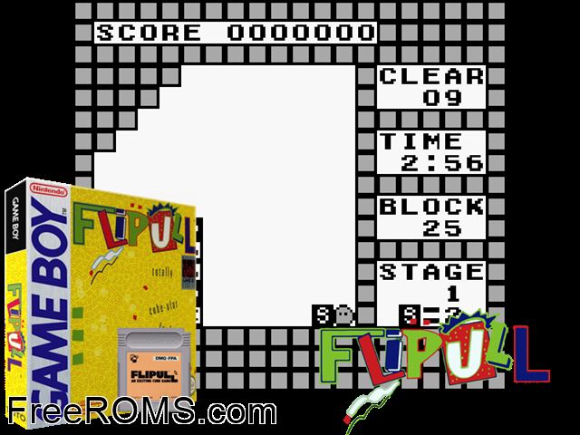 Flipull Gameboy Color game showing 3D box cover and gameplay screenshot