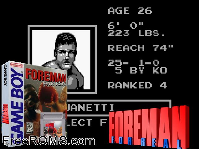 Foreman For Real Gameboy Color game showing 3D box cover and gameplay screenshot