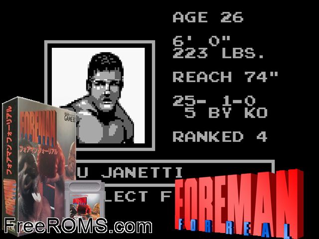 Foreman For Real (Japan) Gameboy Color game showing 3D box cover and gameplay screenshot