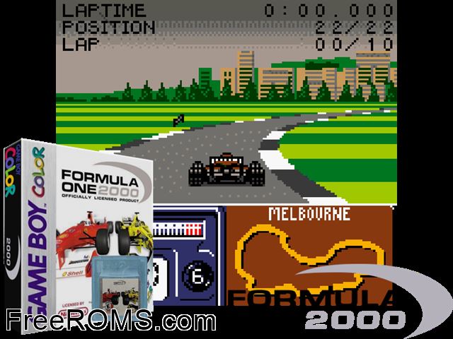 Formula One 2000 Gameboy Color game showing 3D box cover and gameplay screenshot