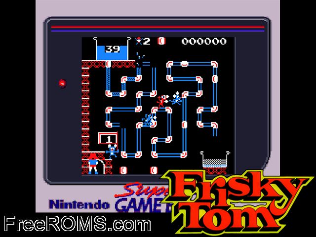 Frisky Tom (Japan) Gameboy Color game showing 3D box cover and gameplay screenshot