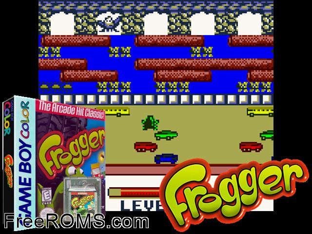 Frogger Gameboy Color game showing 3D box cover and gameplay screenshot