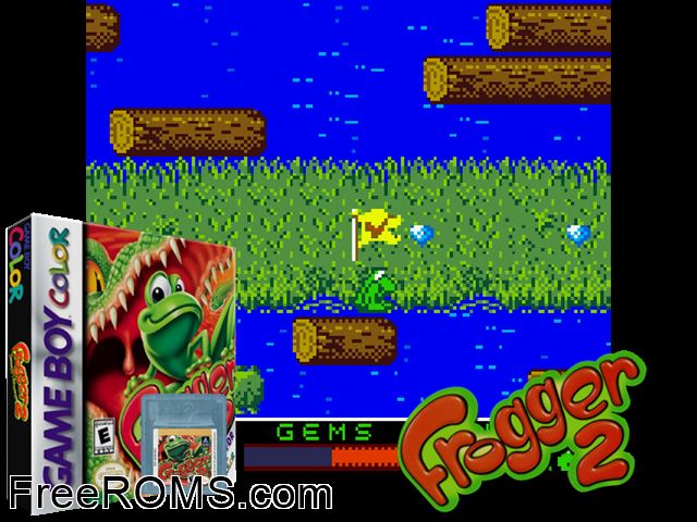 Frogger 2 Gameboy Color game showing 3D box cover and gameplay screenshot