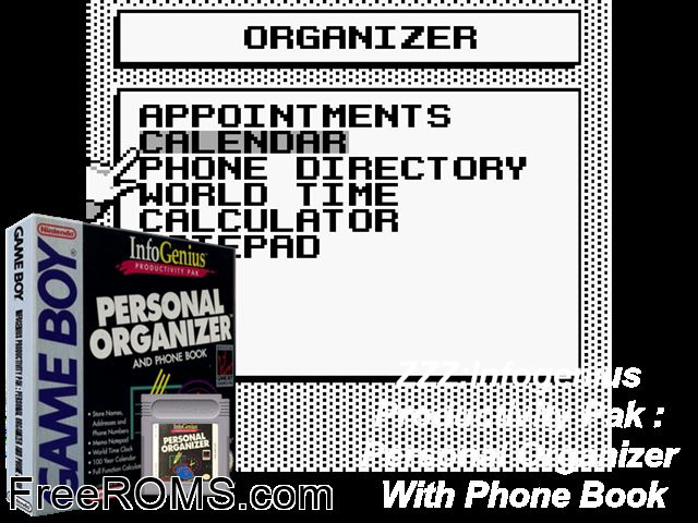 Frommers Personal Organizer Gameboy Color game showing 3D box cover and gameplay screenshot