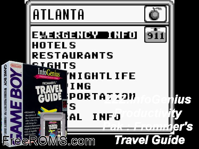 Frommers Travel Guide Gameboy Color game showing 3D box cover and gameplay screenshot