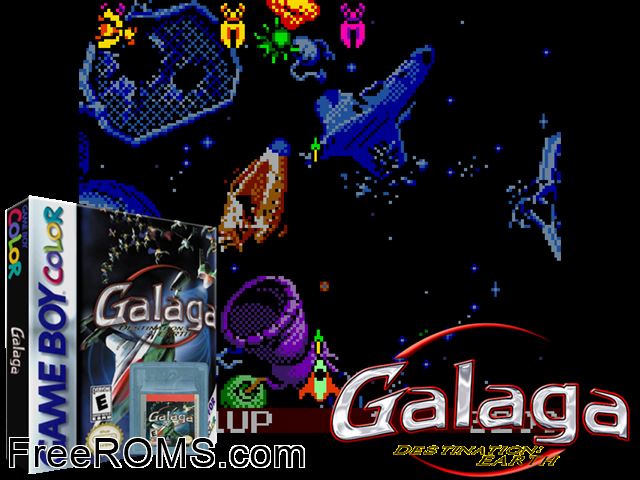 Galaga - Destination Earth Gameboy Color game showing 3D box cover and gameplay screenshot