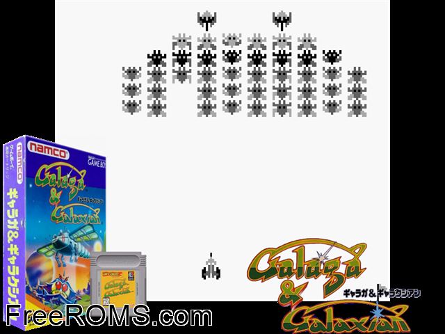 Galaga And Galaxian Gameboy Color game showing 3D box cover and gameplay screenshot