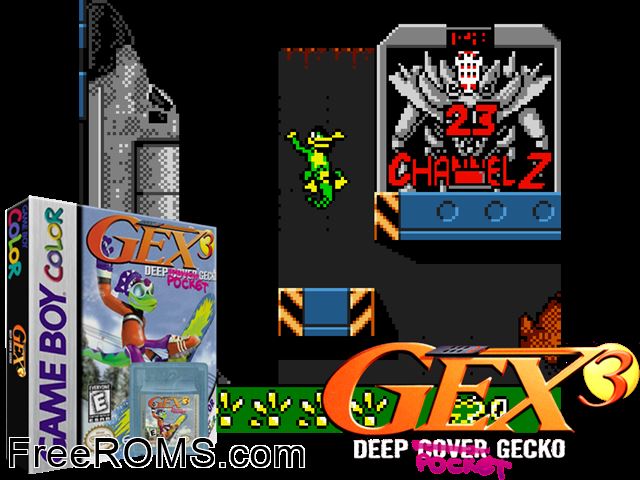 Gex 3 - Deep Cover Gecko (Mbc5) Gameboy Color game showing 3D box cover and gameplay screenshot