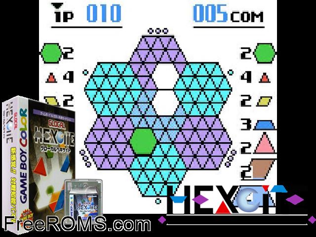 Glocal Hexcite (Japan) Gameboy Color game showing 3D box cover and gameplay screenshot