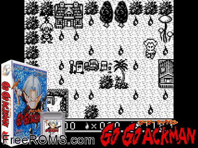 Go Go Ackman (Japan) Gameboy Color game showing 3D box cover and gameplay screenshot