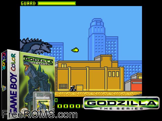 Godzilla - The Series Gameboy Color game showing 3D box cover and gameplay screenshot
