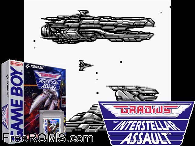Gradius - The Interstellar Assault Gameboy Color game showing 3D box cover and gameplay screenshot