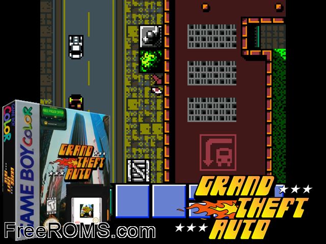 Grand Theft Auto Gameboy Color game showing 3D box cover and gameplay screenshot