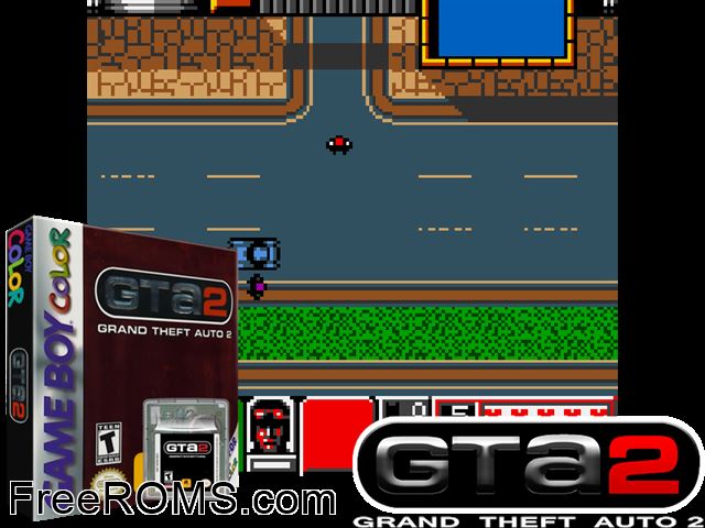 Grand Theft Auto 2 Gameboy Color game showing 3D box cover and gameplay screenshot