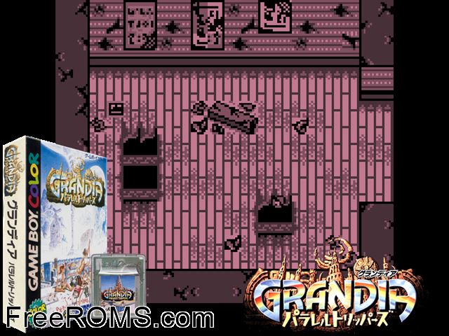 Grandia - Parallel Trippers (Japan) Gameboy Color game showing 3D box cover and gameplay screenshot