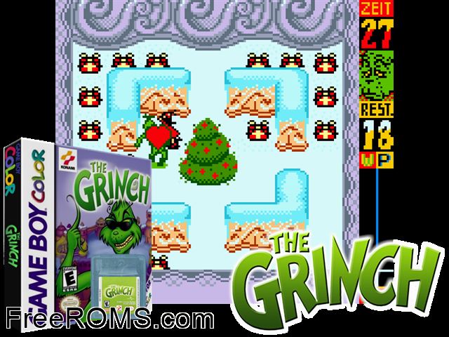 Grinch, The Gameboy Color game showing 3D box cover and gameplay screenshot