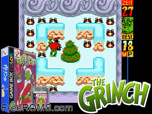 Grinch, The (Japan) Gameboy Color game showing 3D box cover and gameplay screenshot