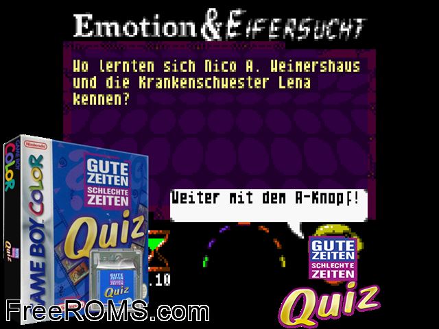 Gute Zeiten Schlechte Zeiten Quiz (Germany) Gameboy Color game showing 3D box cover and gameplay screenshot
