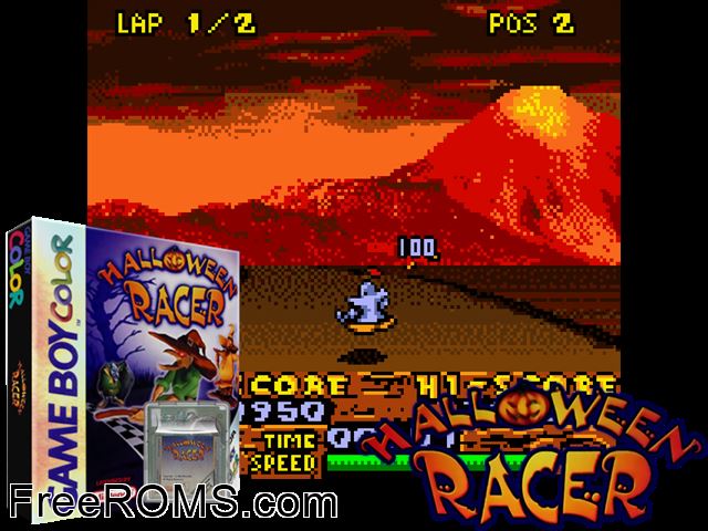 Halloween Racer Gameboy Color game showing 3D box cover and gameplay screenshot