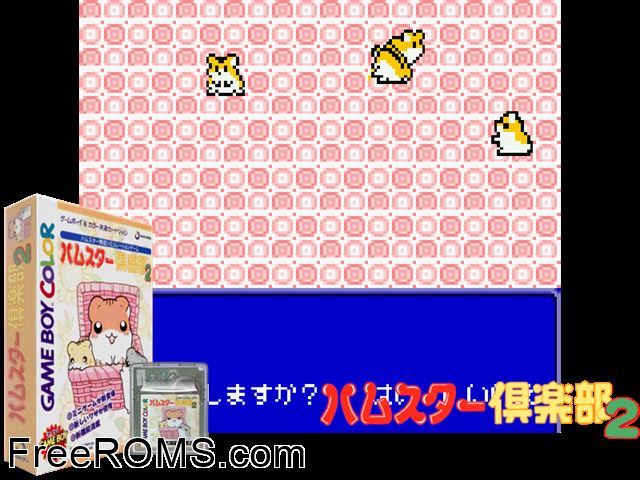 Hamster Club 2 (Japan) Gameboy Color game showing 3D box cover and gameplay screenshot