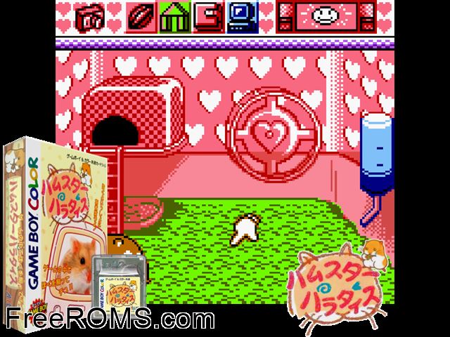 Hamster Paradise (Japan) Gameboy Color game showing 3D box cover and gameplay screenshot