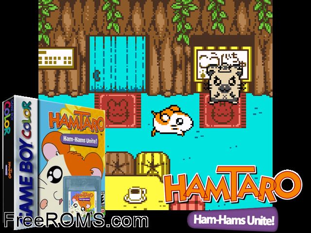 Hamtaro Ham-Hams Unite! Gameboy Color game showing 3D box cover and gameplay screenshot