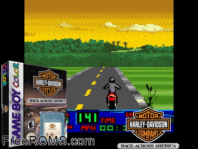 Harley-Davidson - Race Across America Gameboy Color game showing 3D box cover and gameplay screenshot