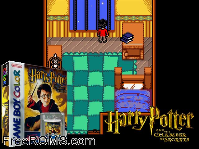 Harry Potter And The Chamber Of Secrets Gameboy Color game showing 3D box cover and gameplay screenshot
