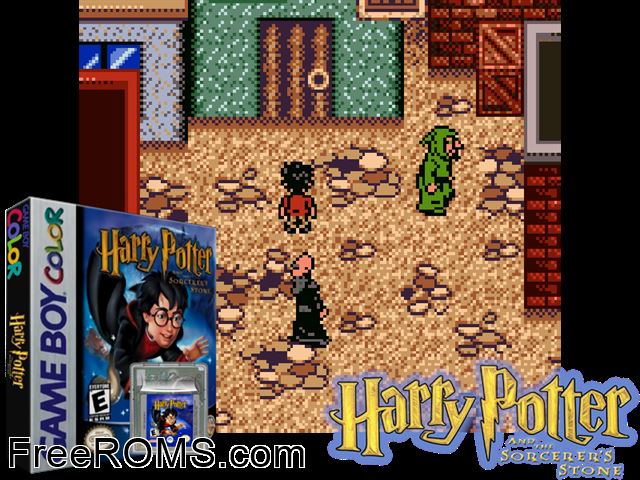 Harry Potter And The Sorcerers Stone Gameboy Color game showing 3D box cover and gameplay screenshot