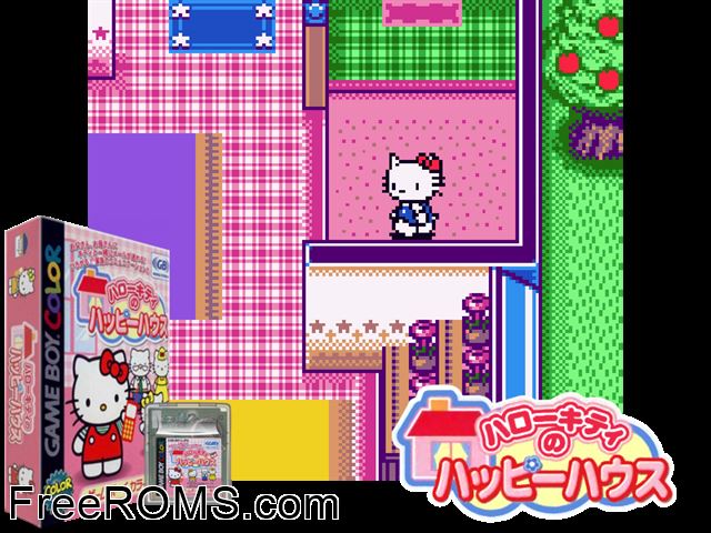 Hello Kitty No Happy House (Japan) Gameboy Color game showing 3D box cover and gameplay screenshot