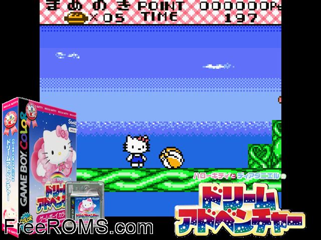 Hello Kitty To Dear Daniel No Dream Adventure (Japan) Gameboy Color game showing 3D box cover and gameplay screenshot
