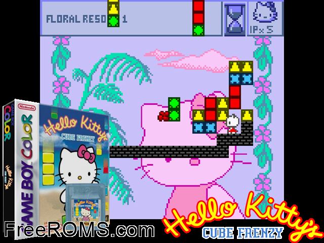 Hello Kittys Cube Frenzy Gameboy Color game showing 3D box cover and gameplay screenshot