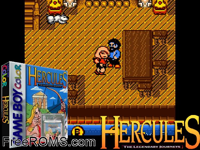 Hercules - The Legendary Journeys Gameboy Color game showing 3D box cover and gameplay screenshot