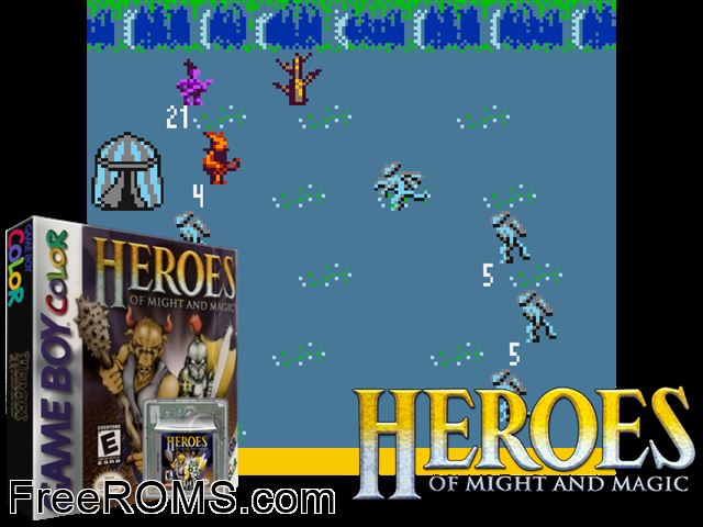 Heroes Of Might And Magic Gameboy Color game showing 3D box cover and gameplay screenshot