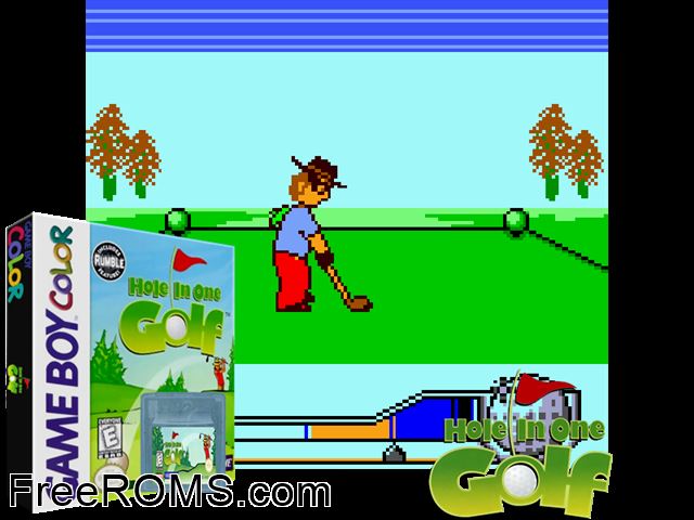 Hole In One Golf Gameboy Color game showing 3D box cover and gameplay screenshot