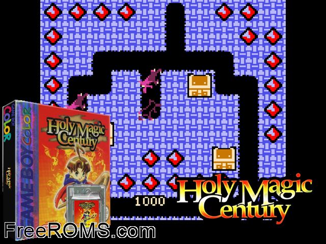 Holy Magic Century Gameboy Color game showing 3D box cover and gameplay screenshot