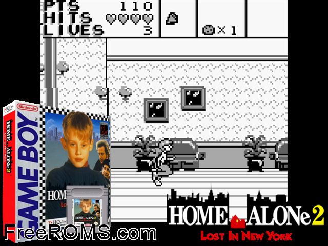 Home Alone 2 Gameboy Color game showing 3D box cover and gameplay screenshot