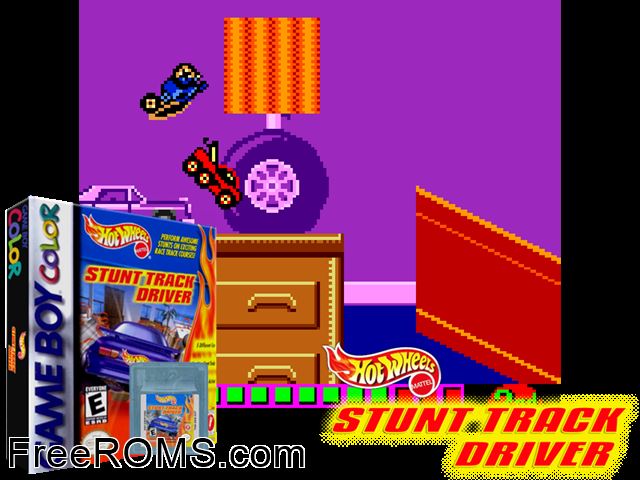 Hot Wheels - Stunt Track Driver Gameboy Color game showing 3D box cover and gameplay screenshot